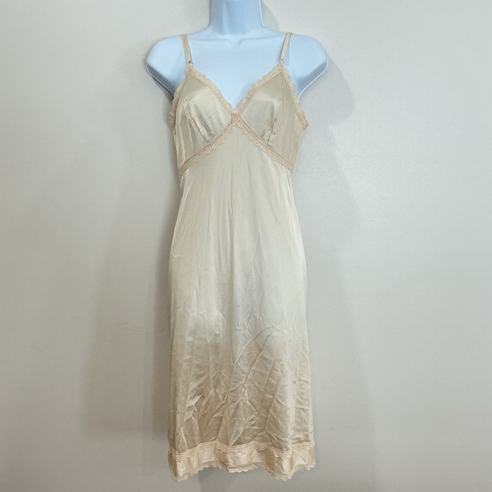 Vintage Sears Doesn't Slip Slip Dress 1950s Lingerie Nylon Lace Nude 32 USA